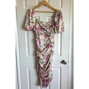 ASTR the Label Floral Satin Dress Puff Sleeve Ruched Mini Women’s Size M